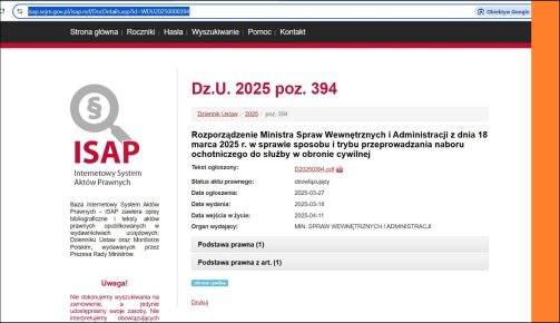 Weszło w życie rozporządzenie ministra  Spraw Wewnętrznych i Administracji w sprawie sposobu i trybu przeprowadzania naboru ochotniczego do służby w obronie cywilnej.